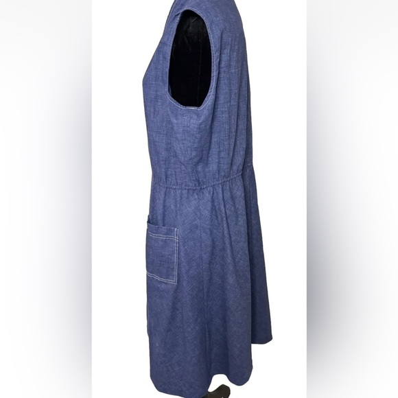 Vintage Dress 80s Walden Classics Secretary XL Blue Pockets Sleeveless Chambray - Picture 3 of 8